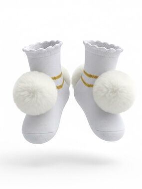 Plush Pom-Pom White Kids Socks with Gold Accent